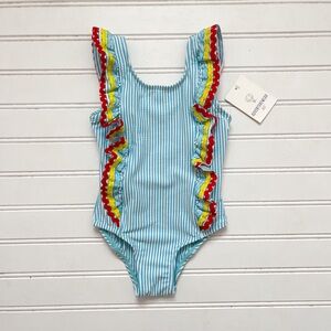 NWT Girls Preppy Striped Colorful Seersucker Ricrac Ruffle 1PC Swimsuit
